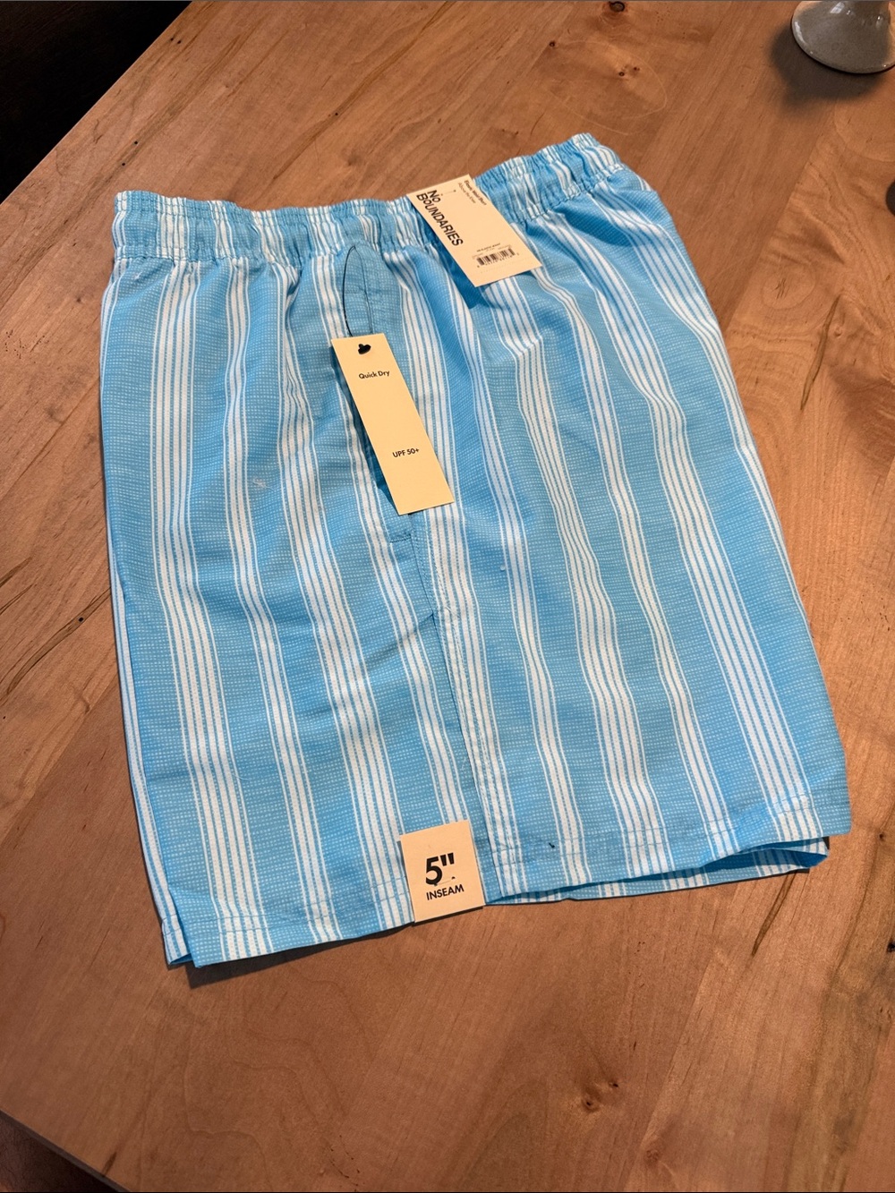 No Boundaries Light Blue & White Striped Swim Trunks